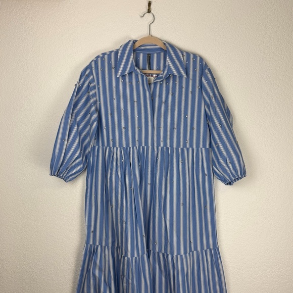 NWT Anthropologie The Bettina Embellished Tiered Shirt Dress Blue White MP - Picture 5 of 12